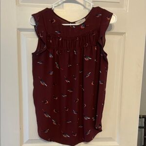 LOFT Maroon Sleeveless Top with Bird Design